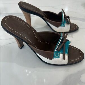 💙 Tod’s Brown, Turquoise, and White Heeled Sandals 💙
